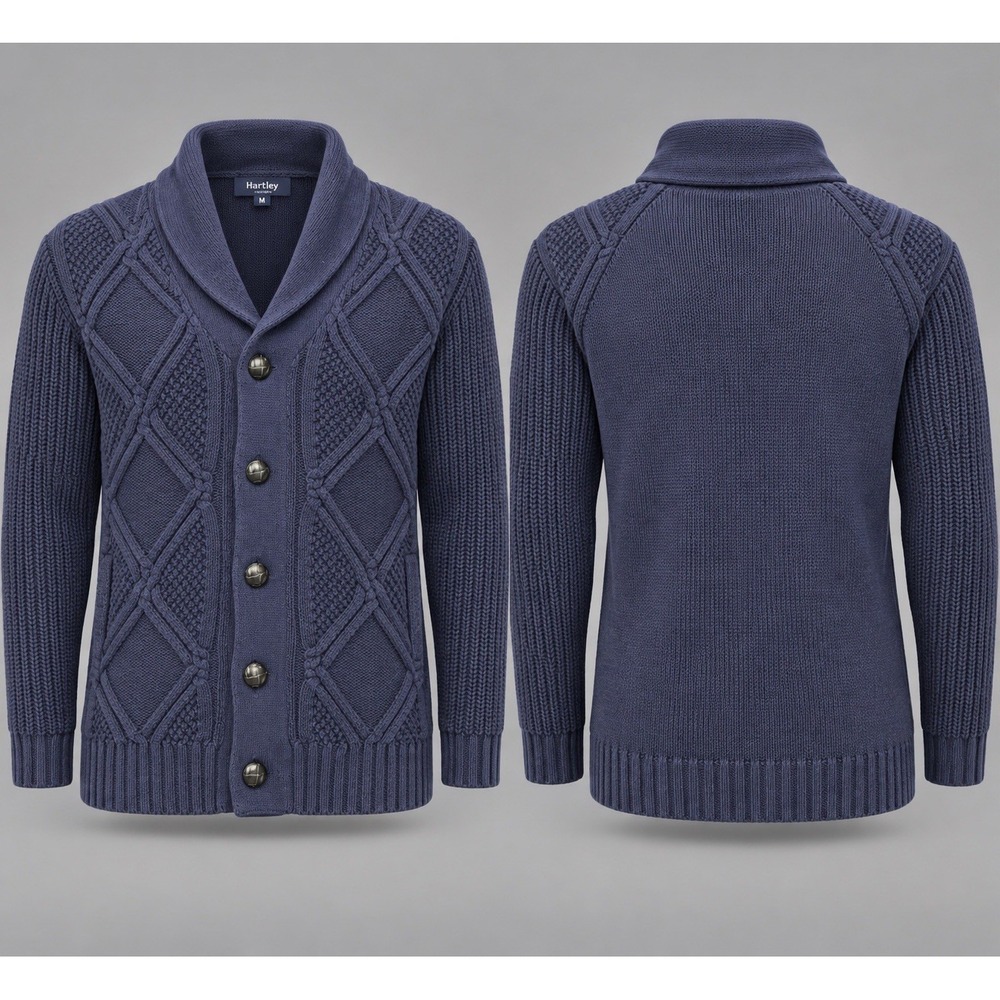 Savile Row Shawl Collar Cardigan Sweater MENS LARGE DOUBLE KNIT GRANDAD NAVY